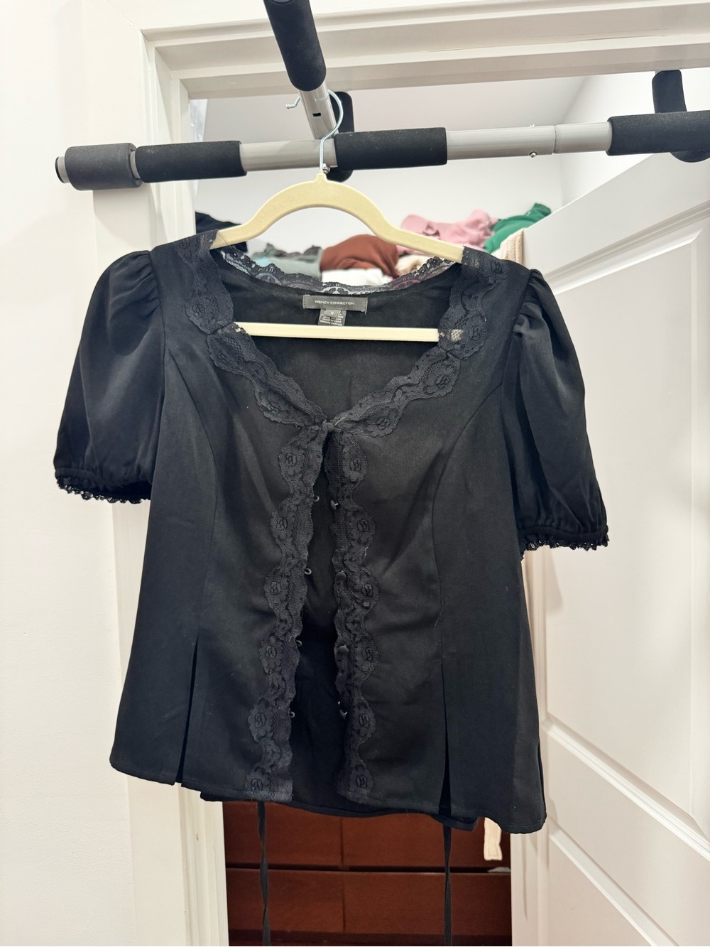 French Connection Black Lace-Trim Puff Sleeve Blouse
